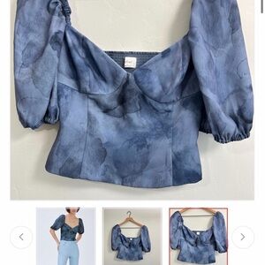 Aritzia Blue Patterned Puff Sleeve Blouse